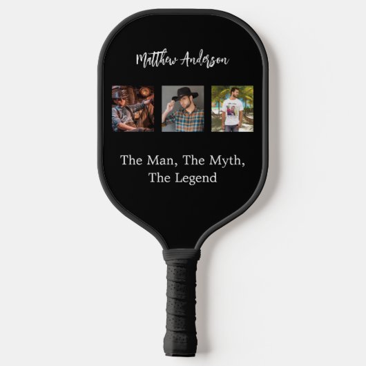 Zwart-wit fotocollage man mythe legende pickleball paddle (Achterkant)