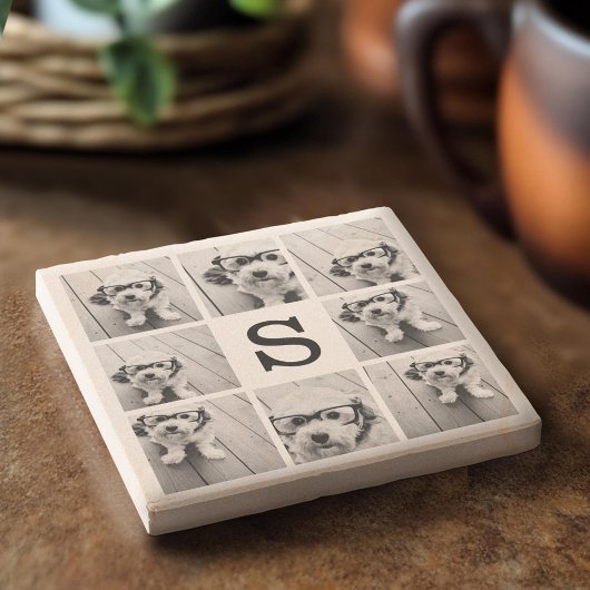 Zwart-wit fotocollage met monogram stenen onderzetter
