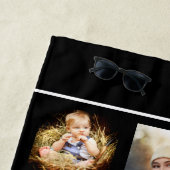 Zwart wit fotocollage, naamscript strandlaken (In situ)