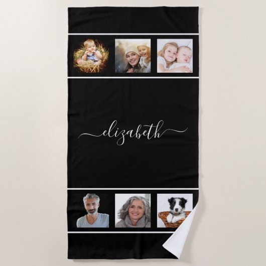 Zwart wit fotocollage, naamscript strandlaken (Voorkant)