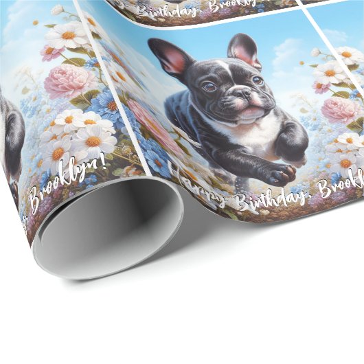 Zwart & Wit Frans Bulldog & Bloemen Cadeaupapier (Rol Hoek)