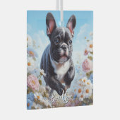 Zwart & Wit Frans Bulldog & Bloemen Glas Ornament (Voorkant Rechts)