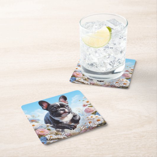 Zwart & Wit Frans Bulldog & Bloemen Kartonnen Onderzetters (Insitu)