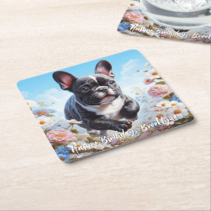 Zwart & Wit Frans Bulldog & Bloemen Kartonnen Onderzetters