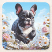 Zwart & Wit Frans Bulldog & Bloemen Kartonnen Onderzetters (Voorkant)