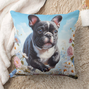 Zwart & Wit Frans Bulldog & Bloemen Kussen