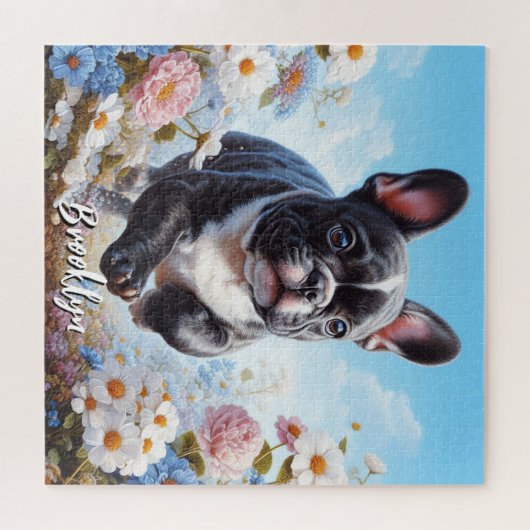 Zwart & Wit Frans Bulldog & Bloemen Legpuzzel (Horizontaal)