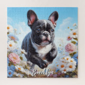 Zwart & Wit Frans Bulldog & Bloemen Legpuzzel (Verticaal)
