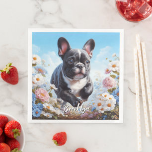 Zwart & Wit Frans Bulldog & Bloemen Servet