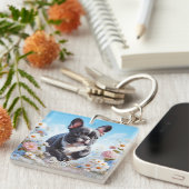 Zwart & Wit Frans Bulldog & Bloemen Sleutelhanger (Voorkant Rechts)