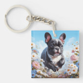 Zwart & Wit Frans Bulldog & Bloemen Sleutelhanger (voorkant)