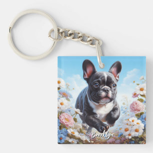 Zwart & Wit Frans Bulldog & Bloemen Sleutelhanger