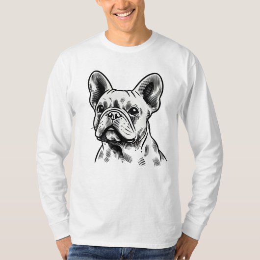 Zwart-wit, Frans Bulldog-portret T-shirt (Voorkant)