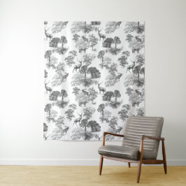 Zwart Wit Frans Toile Herten Fox Bos Patroon Wandkleed