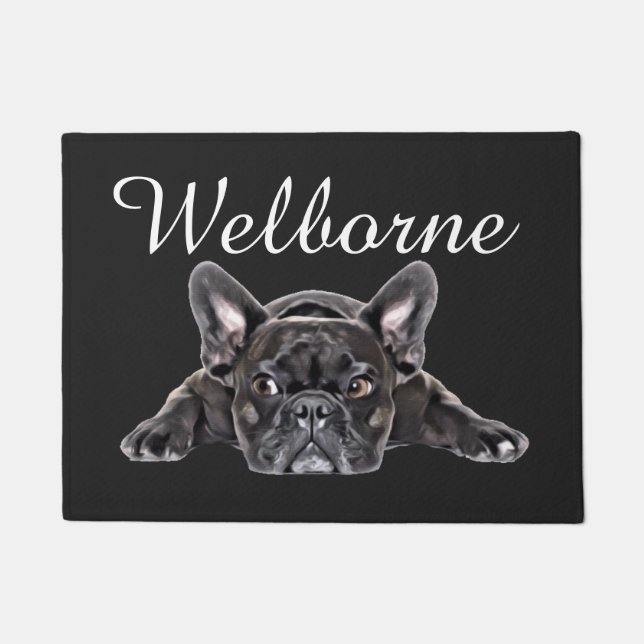 Zwart Wit Franse Bulldog Puppy Tekening Geschilder Deurmat (Voorkant)