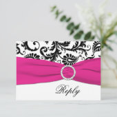 Zwart, Wit, Fuchsia Damast Antwoordkaart RSVP Kaartje (Staand voorkant)