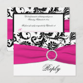 Zwart, Wit, Fuchsia Damast Antwoordkaart RSVP Kaartje (Voorkant / Achterkant)