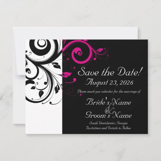 Zwart, Wit, Fuchsia Swirl Bruiloft Save the Date (Voorkant)