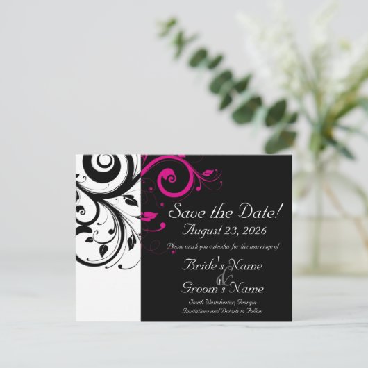 Zwart, Wit, Fuchsia Swirl Bruiloft Save the Date (Staand voorkant)