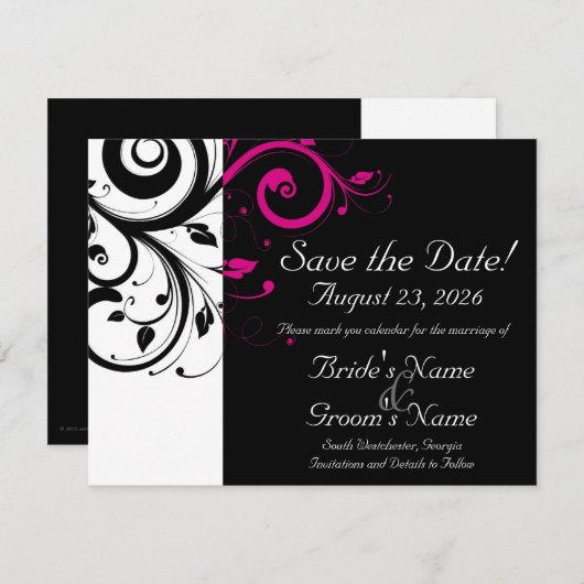 Zwart, Wit, Fuchsia Swirl Bruiloft Save the Date (Voorkant / Achterkant)