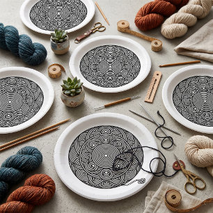 Zwart-wit garenbal-mandala papieren bordje