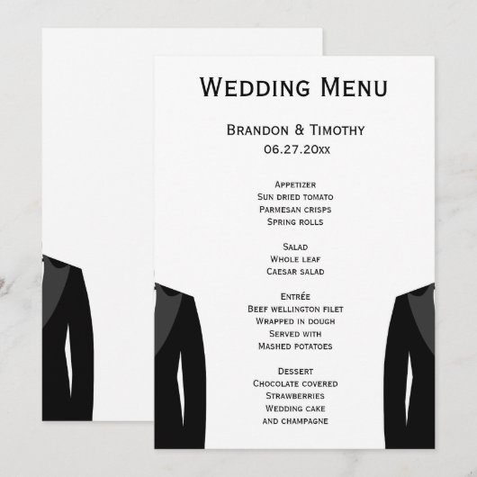 Zwart-wit gay trouwmenu kaarten (Voorkant / Achterkant)