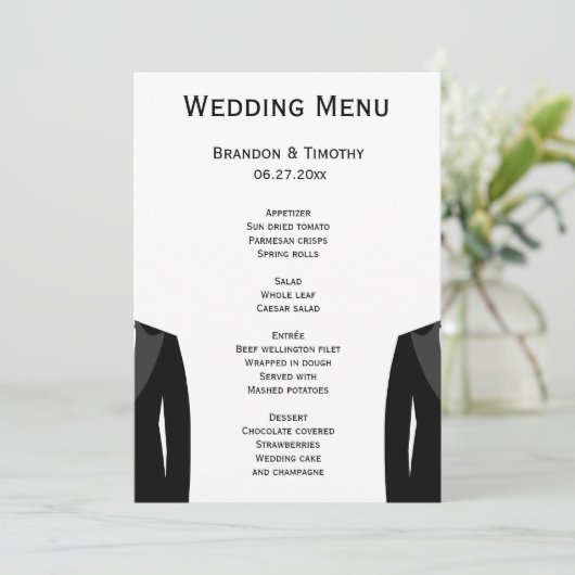 Zwart-wit gay trouwmenu kaarten (Staand voorkant)