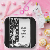 Zwart-wit gebeurteniskonijn met scroll papieren bordje (Feest)