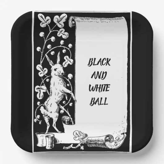 Zwart-wit gebeurteniskonijn met scroll papieren bordje (Voorkant)