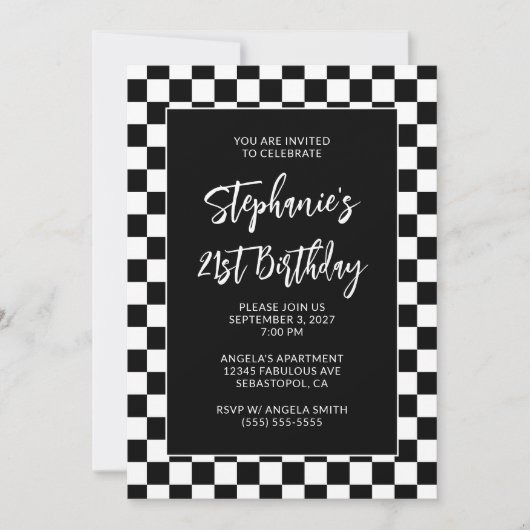 Zwart-wit geblokte 21e verjaardag kaart (Voorkant)