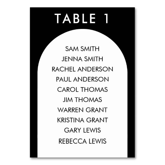 Zwart & wit gebogen boog bruiloft zitgrafiek kaart (Voorkant)