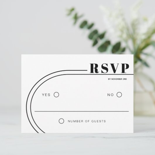 Zwart-wit gebogen lijst minimalistische bruiloft RSVP kaartje (Staand voorkant)