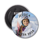 Zwart-wit gebogen tekst Familiefoto Button Flesopener (Voorkant)