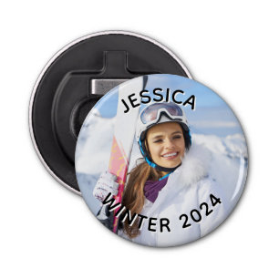 Zwart-wit gebogen tekst Familiefoto Button Flesopener