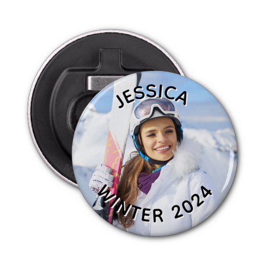 Zwart-wit gebogen tekst Familiefoto Button Flesopener (Voorkant)