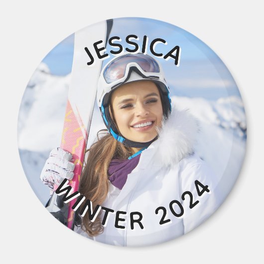 Zwart-wit gebogen tekst Familiefoto Magneet (Voorkant)