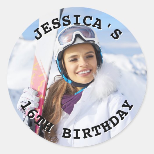 Zwart-wit gebogen tekst Familiefoto Verjaardag Ronde Sticker (Voorkant)