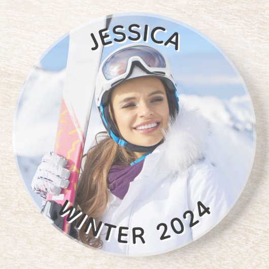 Zwart-wit gebogen tekst Familiefoto Zandsteen Onderzetter (Voorkant)