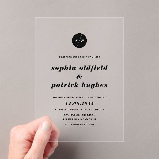 Zwart-wit gebold Italiaans Typografie Wedding Acryl Uitnodigingen (Insitu (Draagbaar))
