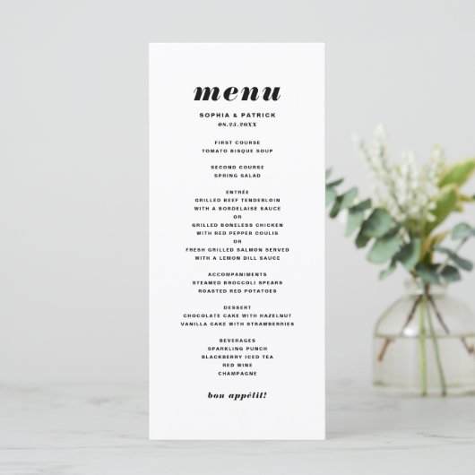 Zwart-wit gebold Italiaans Typografie Wedding Menu (Staand voorkant)