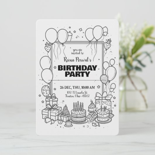 Zwart-wit geboortepartij uitnodiging (Staand voorkant)