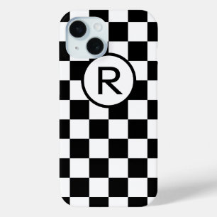Zwart-wit geborduurd met monogram iPhone 15 case