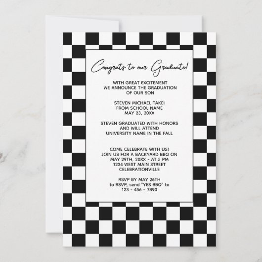 Zwart-wit gecheckt afwerking Afstuderen vlag Aankondiging (Achterkant)