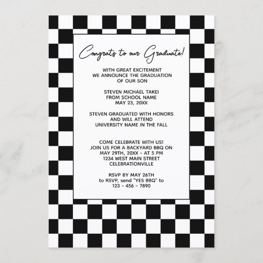 Zwart-wit gecheckt afwerking Afstuderen vlag Aankondiging (Achterkant)