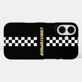 Zwart-wit gecheckt racebestrandje met goudgrammen Case-Mate iPhone case (Achterkant (horizontaal))