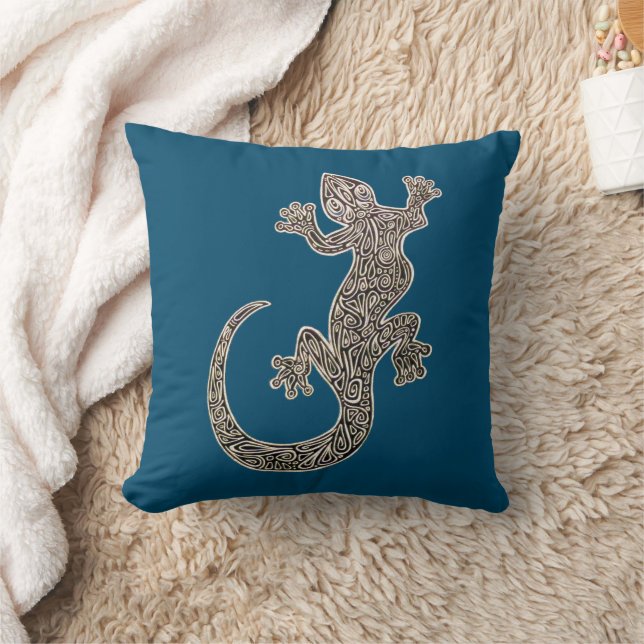 Zwart-wit Gecko Tekening op Ocean Blue Kussen (Deken)