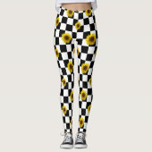Zwart-wit Gecontroleerd & Zonnebloem Afdrukken Leggings (Voorkant)