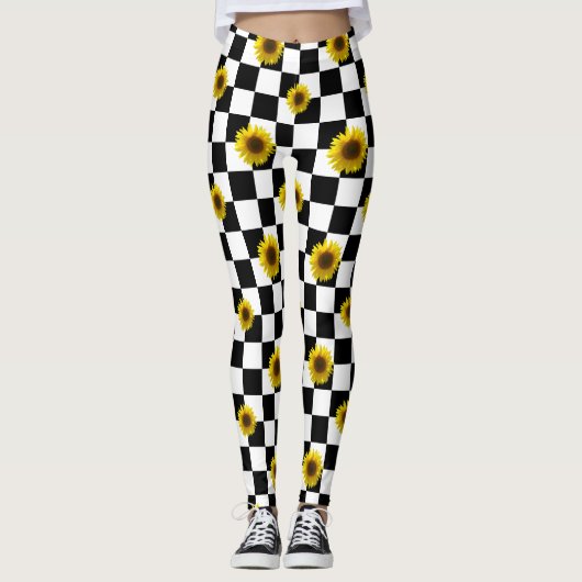 Zwart-wit Gecontroleerd & Zonnebloem Afdrukken Leggings (Voorkant)