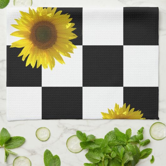 Zwart-wit Gecontroleerd & Zonnebloem Afdrukken Theedoek (Gevouwen)