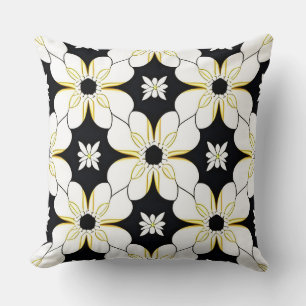 Zwart Wit Geel Bloemmotief Geometrisch Modern Deco Kussen